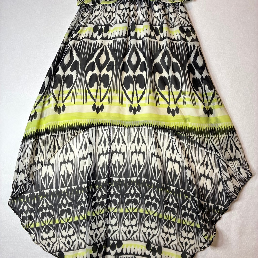 Bisou Bisou Dress Women's 14 Green Ikat High Low Tiered Ruffle 13KD582B - Picture 9 of 11